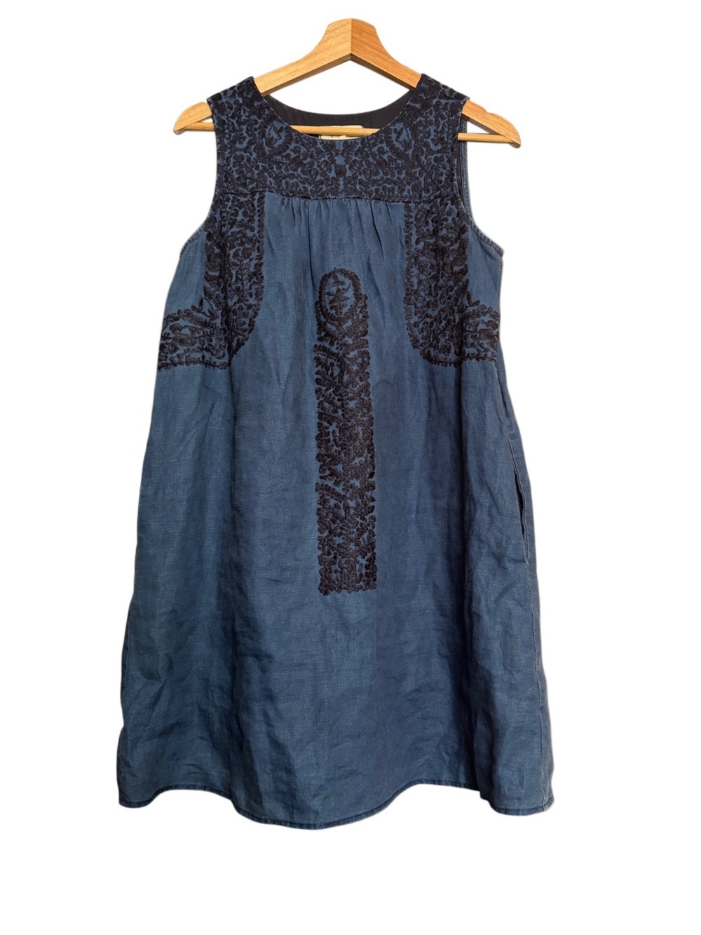 Madewell Mercado Embroidered Shift Linen Mini A-Line Sleeveless Dress Blue SMALL